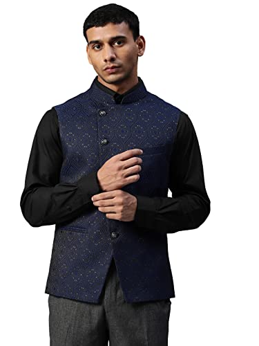 Image of MANQ Men Fawn Woven Jaquard Silk Nehru Jacket