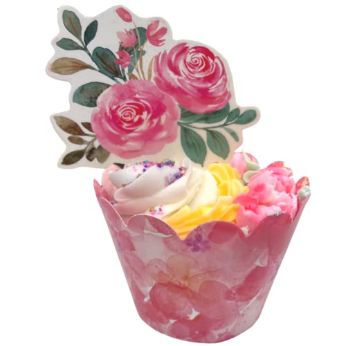48 Pcs Butterfly & Rose Cupcake Topper Picks With Pink Cupcake Decorative Wrappers - Baby Shower | Girl’s Birthday Party | Bridal Shower | Valentine’s Day | Wedding Anniversary #TOP5