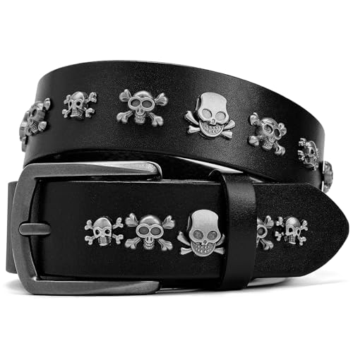 Men's Gothic Punk Belt with Zinc Alloy Pure Black Leather,Adjustable Belt for Motorcycle and Daily Wear2