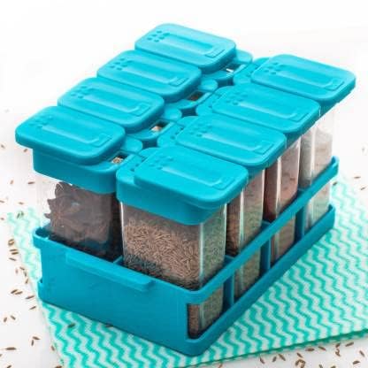 Imperial Wood Works 8 Pcs Airtight Masala Box Set for Kitchen - Spice Jars With Tray, Multi Storage Container, Easy Flow Spice Storage - Plastic, Blue
