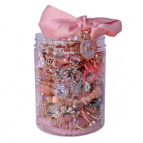 Mystery Jewelry Jar for Women Pink Jewelry Gift Set(Elegant and lovely Boho Mixed Punk Everyday Necklaces Earrings Rings Bracelets/Bangles) Valentines Day Gifts Unique Alternative Fashion Romantic Present for Her(Pink Style - 30 pcs)