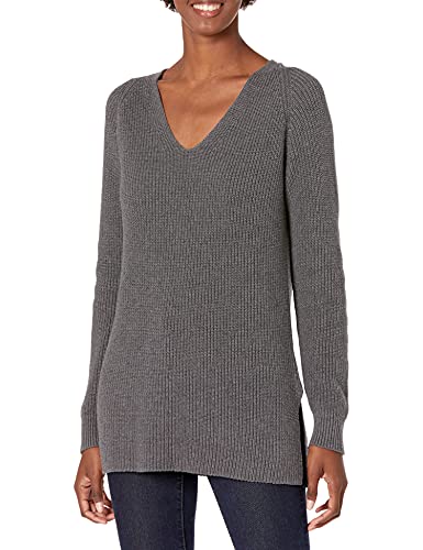 Goodthreads Women's Cotton Half-Cardigan Stitch Deep V-Neck Sweater Sweater, -Charcoal Heather Grey, M