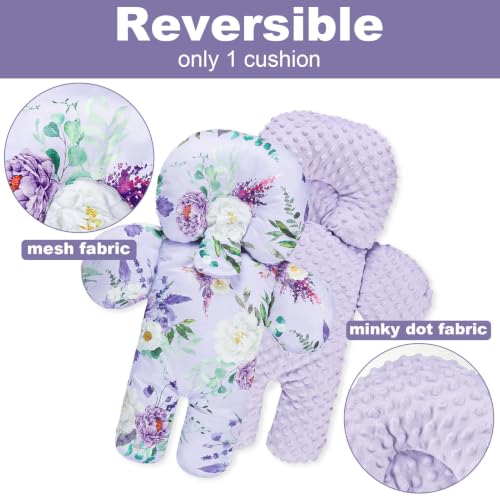 Image of Infant Car Seat Insert for Newborn Girls, Extra Thick & Soft Minky Preemie Car Seat Head Body Support Cushion with Strap Pads, Perfect for Stroller, Baby Bouncer, 2-in-1 Reversible, Purpke Floral