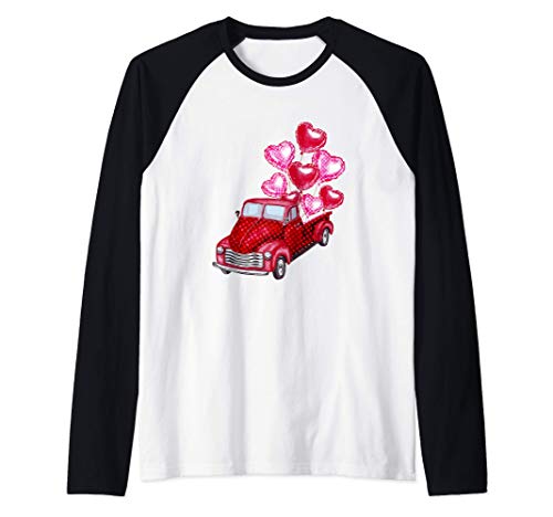 Buffalo Red Plaid Hearts Truck Día de San Valentín Camiseta Manga Raglan