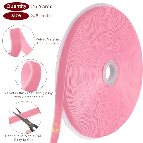 Image of Tsorode 25 Yards Pink Velvet Ribbon,3 /8 Inch Christmas Tree Ribbon