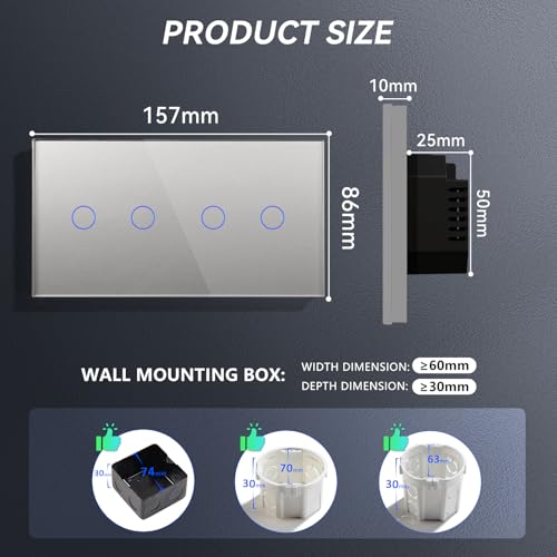 BSEED Smart Lichtschalter 2 Fach 2 Wege +2 Fach 2 Wege Wifi Smart Lichtschalter arbeitet mit Amazon Alexa and Google Home,Glas Touchscreen-schalter Grau(Erforderlich Neutral Draht)157mm