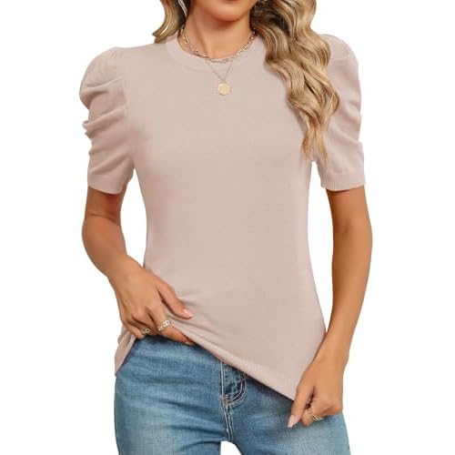 AKEWEI Puff Short Sleeve Sweater for Women Tops Trendy Spring Summer 2025 Business Casual Outfits Knit Crewneck Shirt Blouses Apricot Medium