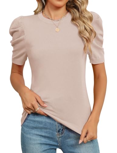 Image of AKEWEI Puff Short Sleeve Sweater for Women Tops Trendy Spring Summer 2025 Business Casual Outfits Knit Crewneck Shirt Blouses