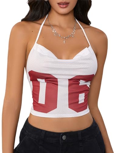 MakeMeChic Women's Y2k Jersey Shirts Letter Print Top Halter Top Draped Tie Backless Lace Up Tank Crop Tops
