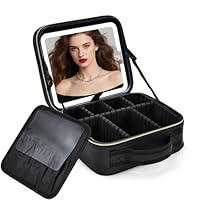Travel Makeup Bag with Mirror Makeup Case Make Up Organiser Box with Adjustable Compartment Vanity Case Portable Cosmetic Bag Brightness in 3 Color Modes LED Light Mirror, Black