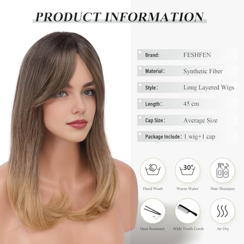 Image of FESHFEN Brown Ombre Blonde Wigs with Bangs, Synthetic Natural Looking Long Layered Straight Hair Wig for Women Daily Party Use, 18 inch