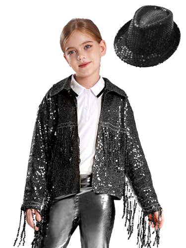 Kids Girls Dance Jacket Outfits Long Sleeve Cardigan Sparkle Sequins Tassle Coat with Hat Dancing Dress Up