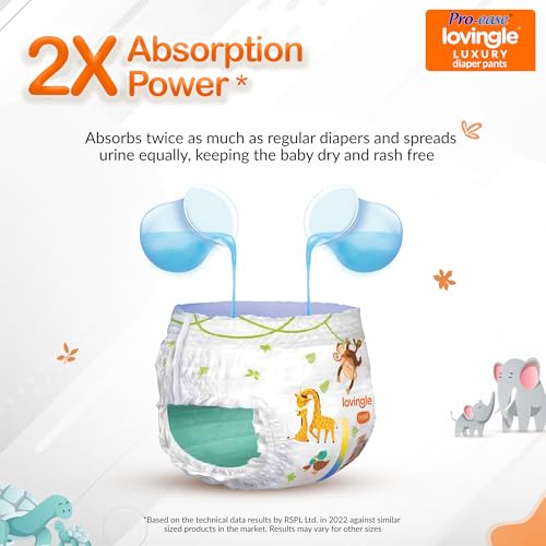 Image of Pro-ease Lovingle Luxury Wrapper Baby Diaper|Pant Style Diaper for Baby|Diaper M size|2X Absorption*IAdvanced Leakage Protection|Wetness Indicator|Easy Throw Tape|7-12 Kg|58 Pieces