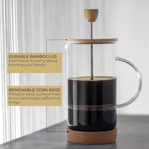 Image of SINVEXA 800ml French Press Coffee Maker - Premium Borosilicate Glass Coffee Maker with Wooden Lid & Cork Base, Stainless Steel Filter Mesh, Heat Resistant, Durable [Pack of 1]