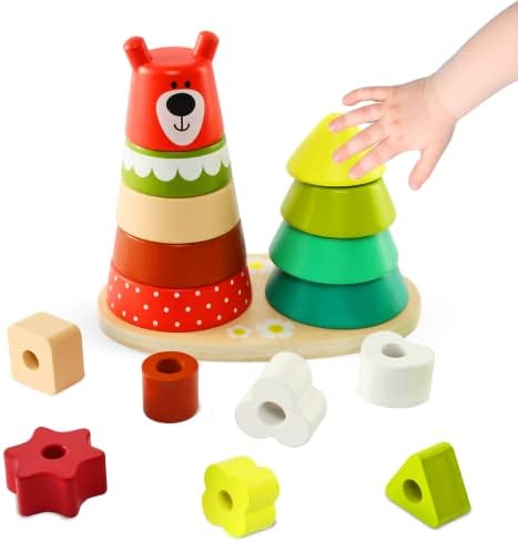 Abellzos Montessori Toys, Wooden Sorting Stacking Toy for Toddlers 1-3, Color Shape Puzzle Learning & Educational Matching Blocks First Birthday Gifts for Boys Girls Preschool Kids (Bear & Forest)