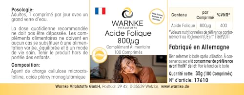 Folsäure 800µg - 100 Tabletten - schluckfreundlich - vegan & hochdosiert - Folic Acid - Vitamin B9 | Warnke Vitalstoffe - Deutsche Apothekenqualität