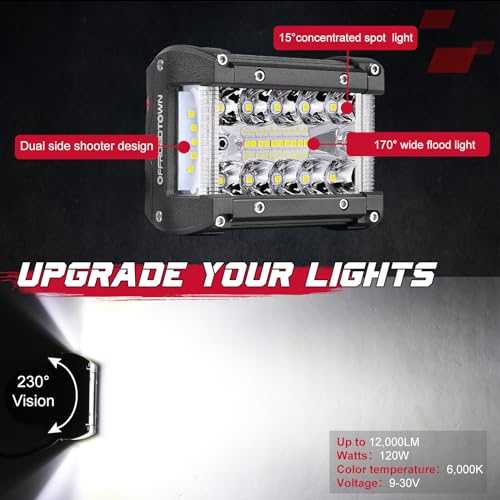 OFFROADTOWN 2Pcs 4 Inch LED Pods Side Shooter Ditch Lights Spot Flood Combo LED Light Bar Fog Pod Work Offroad Driving Bumper Lights for Truck ATV UTV SUV Boat