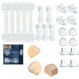 10 Stück Kindersicherung Schrank und 12 Stück Ecken-Kantenschutz Set, Seloxmcs Selbstklebende Baby Schubladensicherung für Tür Schränke Kühlschrank und Schubladen mit Starker Kleber ohne Bohren