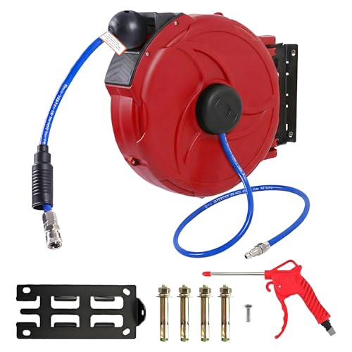 エアーホースリール 12m 赤 ホースリール 自動巻き取り 天吊可能 180°回転 伸縮式スプリング エアホース 外径φ8mm 内径5mm ブラケット付 エアーダスター ネイルガン エアードリル 空気圧工具 工場 洗車場 家庭菜園 自動車修理工場