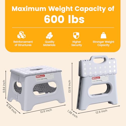 Image of HBTower Folding Step Stool 9 Inch - Holds 600 lb, Non-Slip Surface & Carry Handle - Sturdy Step Stool for Kids, Toddlers & Adults - Compact Foldable Foot Stool for Kitchen, Bathroom, Bedroom(White)