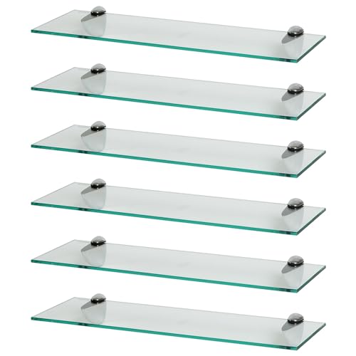 Harbour Housewares 6X Clair 60cm Étagères Murales en Verre Flottant - Salle de Bain Douche Cuisine Rayonnage Stockage Unité d'Affichage avec Supports...