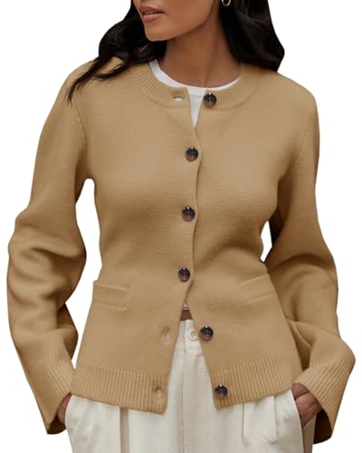 Image of Langwyqu Womens Button Down Cardigan Sweaters Open Front Long Sleeve Slim Fit Sweater Coat Winter Solid Outwear with Pockets