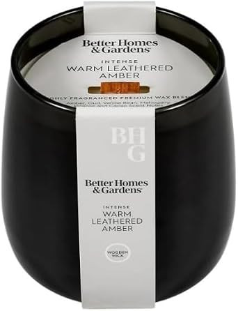 YR BH&G Luxury Scented Candle, Warm Leathered Amber, 14.5 oz Wooden Wick Jar