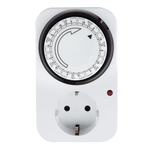Temporizador mecánico semanal con Enchufe, Blanco, programable, fácil de Usar, Ideal para controlar Luces y Dispositivos electrónicos.