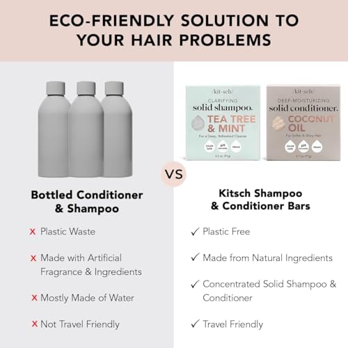 Image of Kitsch Tea Tree Shampoo & Coconut Oil Conditioner Bar - Shampoo and Conditioner Set - Clarifying Bar Soap for Greasy Hair & Deep Moisturizing - Paraben, Silicone & Sulfate Free - Made in USA - 2 Pack