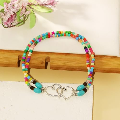 Image of Elastic Beaded Ankle Bracelets for Women Double Heart Layered Stretch Ankle Bracelets Waterproof Dainty Boho Beaded Anklets for Summer Beach Foot Jewelry