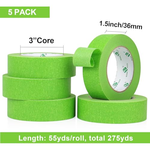 BOMEI PACK 5Rolls Green Masking Tape 36mm x 55yds, General Purpose Thin Green Painters Tape for Painting, Labeling, DIY Crafting, Decoration and School Projects, Total 275yds - Image 3