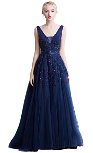 EnjoyBridal® V-Cuello de Las Mujeres de Perlas de Encaje Tulle Maxi Vestidos de Baile de Fin de Curso para la Boda Vestidos Formales 42 Cover