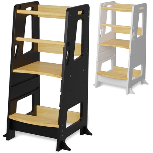 BEY & CO® Lernturm/Entdeckerturm aus Holz – Küchenhelfer für Kinder – 3-Fach höhenverstellbar, mit Rutschfester Oberfläche und kippsicheren Füßen - Montessori-Methode - Ab 12 Monaten (Schwarz)