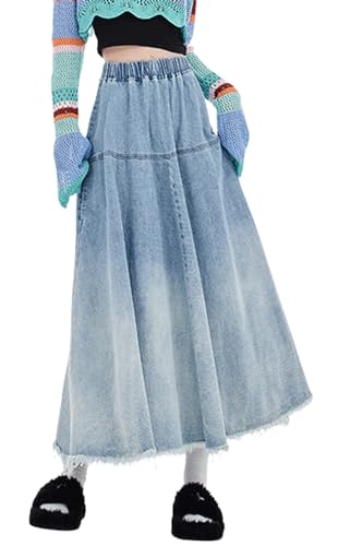 chouyatou Women's Distressed Elastic Waist Frayed Maxi Denim Skirt A Line Flared Pleated Long Jean Skirt