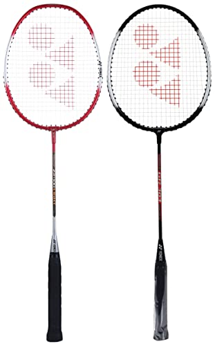 Image of Yonex ZR 100 Light Aluminium Badminton Racquet with Full Cover | Made in India (Red)&Yonex GR 303 Aluminum Blend Badminton Racquet with Full Cover (Black)