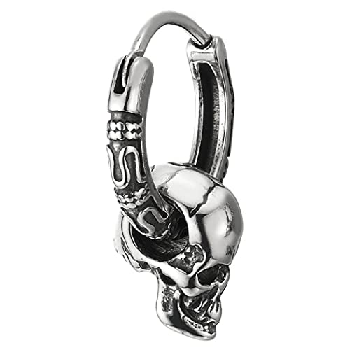 Mens Womens Stainless Steel Vintage Circle Huggie Hinged Hoop Earrings Dangle with Skulls, 2pcs2