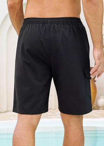 SILKWORLD Mens Swim Trunks with Compression Liner 2 in 1 Quick Dry Bathing Suits Beach Shorts with Cargo Pockets, Black Totem, X-Large — view 3