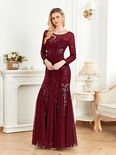 Image of Long Sleeve Sequin Evening Dress Glitter Mermaid Long Gown for Mother of The Bride Or Wedding Guest