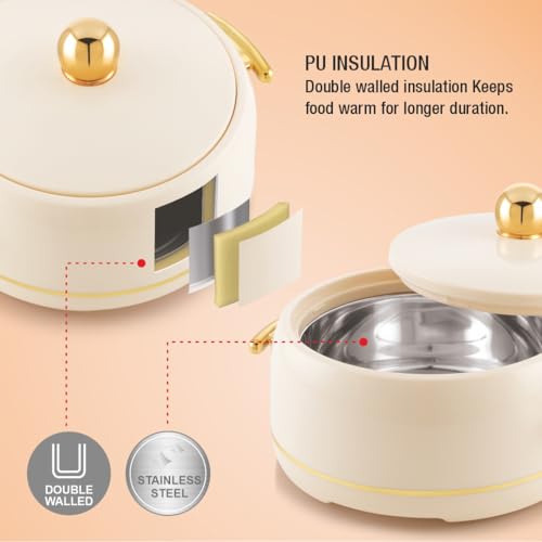 Image of Modware Atlantis Casserole 2000ml Elegant Design Premium Hot Pot, Retains Temperature for Hours, Insulated Inner Steel Casserole for Roti, Hot Box for Home, Chapati Box, Serving Bowl with Lid (Ivory)