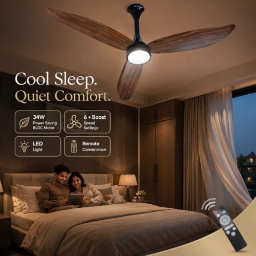 Image of XUGA Ziora F9P 1200mm BLDC Ceiling Fan with Remote & LED Light, 34W Energy Saving Copper Motor, 370 RPM Speed, 235 CMM Air Delivery, 6+ Boost Speed Settings, Wooden Finish Blades, Black Motor Housing