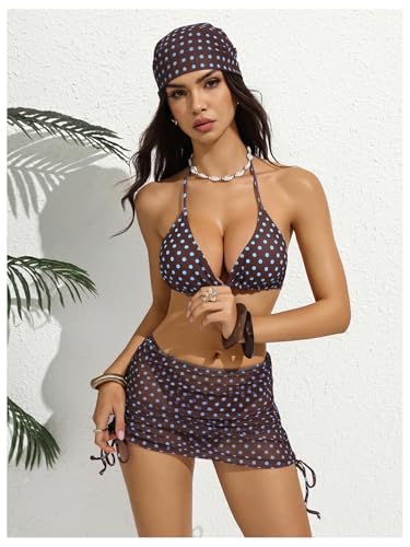 Image of RoseSeek Women's 4 Piece Polka Dots Bathing Suits Cover Up Skirt & Bandana