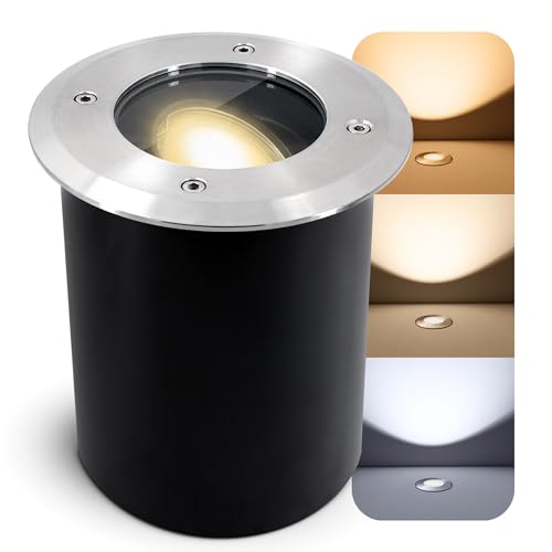 SSC-LUXon JUAVI Bodeneinbaustrahler aussen schwenkbar IP67 - mit LED GU10 3W drei einstellbaren Lichtfarben 3CCT - Bodenspot befahrbar rund rostfrei 230V