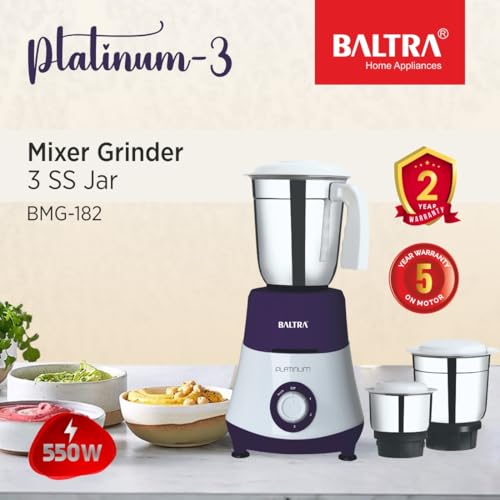Image of BALTRA Platinum-3 BMG 182 Mixer Grinder 550 Watt | 3 Stainless Steel Jars for Powerful Grinding | Adjustable Speed Control | Durable Overload Protection | Low Noise Operation - 2 Year Warranty