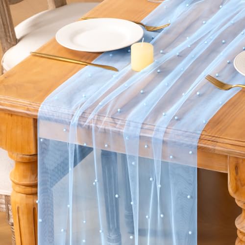 Image of MLMC 3Pcs Light Blue Pearl Table Runner Boho Rustic Tulle Table Runner with Pearls 10ft 29 inchx120 inch Cheesecloth Table Decor for Wedding Baby Shower Anniversary Home Decoration