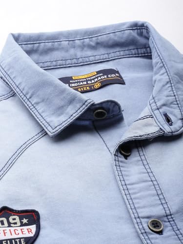 Image of The Indian Garage Co Men Slim Fit Solid Full Sleeves Cutaway Collar Double Flap Pocket Casual Denim Shirt
