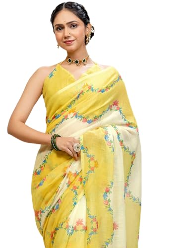 Image of SIRIL Women's Cotton Linen Printed Saree With Unstitched Blouse Piece