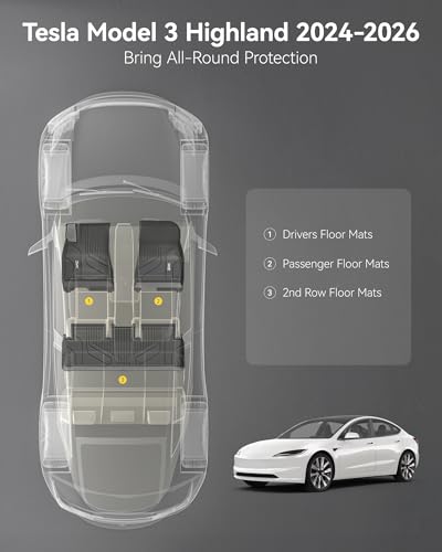 Image of 3W Floor Mats for Tesla Model 3 Highland 2024-2026 with Metal Pedal | Non-Slip Floor Liner, Heavy Duty All Weather TPE Custom Fit Model 3 Accessories, Black, Over 10 Years Lifespan