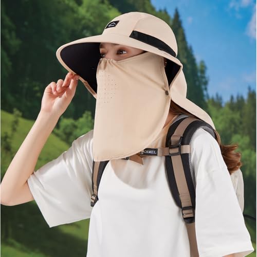 Image of Rosoz Outdoor Sun Hat for Men Women, UPF50+ Protection Safari Cap Wide Brim Mesh Fishing Hat with Neck Flap Beach Garden