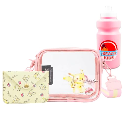 Pokemon Clear Purse for Women - Pikachu Handbag Bundle with Cute Pikachu Crossbody Bag for Teens Plus Water Bottle | Pokemon Transparent Purse for Stadiums Set