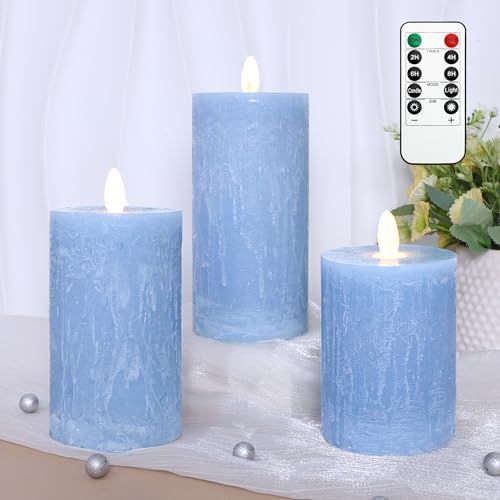 Image of Rustic Blue Flameless Candles with Remote Control & Timer Real Wax Ocean Pillar LED Candles Rough Texture Design Battery Candles for Home Party Nautical Wedding Christmas Valentine's Day Decor